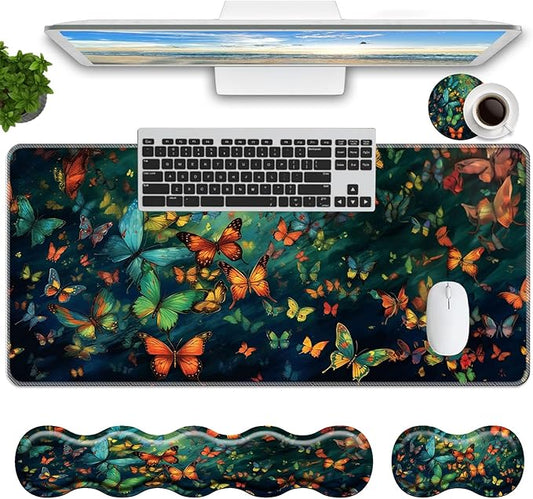 Keyboard Mouse Pad Set,Large Mouse Pad+Keyboard Wrist Rest+Wrist Support+Coaster,31.5x11.8in Extended Desk Mat for Computer Laptop Office Home - Cute Butterfly