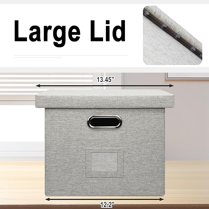 4-Pack Modern Minimalist Beige Collapsible Linen File Folder Box Office Document Storage Filing Bin with Lid for Letter Legal Size Hanging Folders