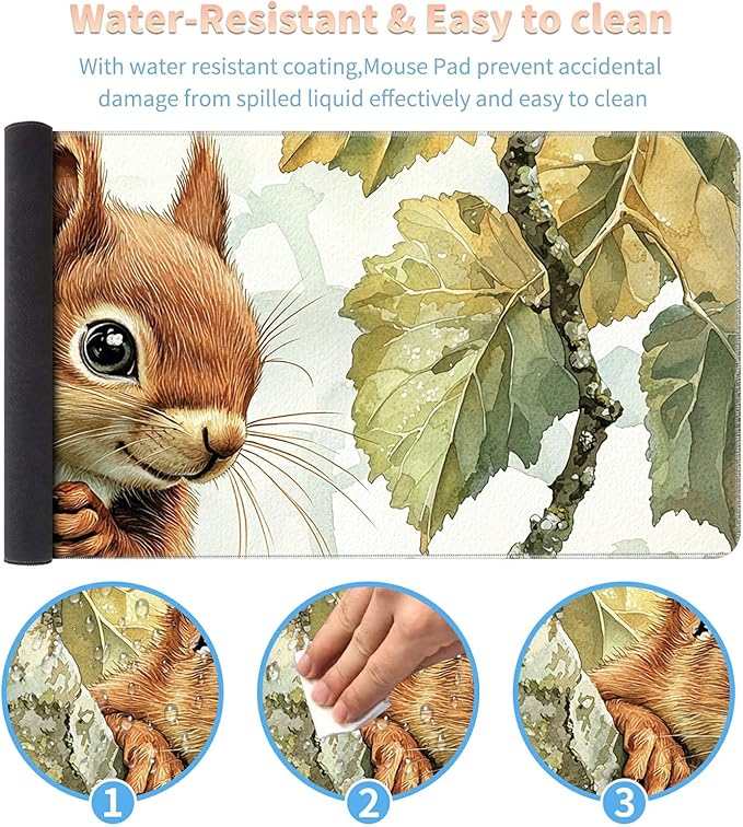 Desk Mat Large Gaming Mouse Pad (31.5x11.8 inch) with Stitched Edges, XL Mouse Pad +Coaster, Extended Mouse Mat Keybroad Mousepad Non-Slip Rubber for Gamer Men Women, Squirrel Camo Tree