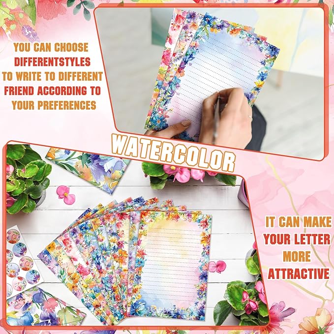 TaoBary 160 Pcs Stationery Paper Set 50 Double Sided Stationery Papers with 50 Matching Envelopes and 60 Round Dot Sticker, 10 Design(Bright Floral,5.5 x 8.25 Inch)