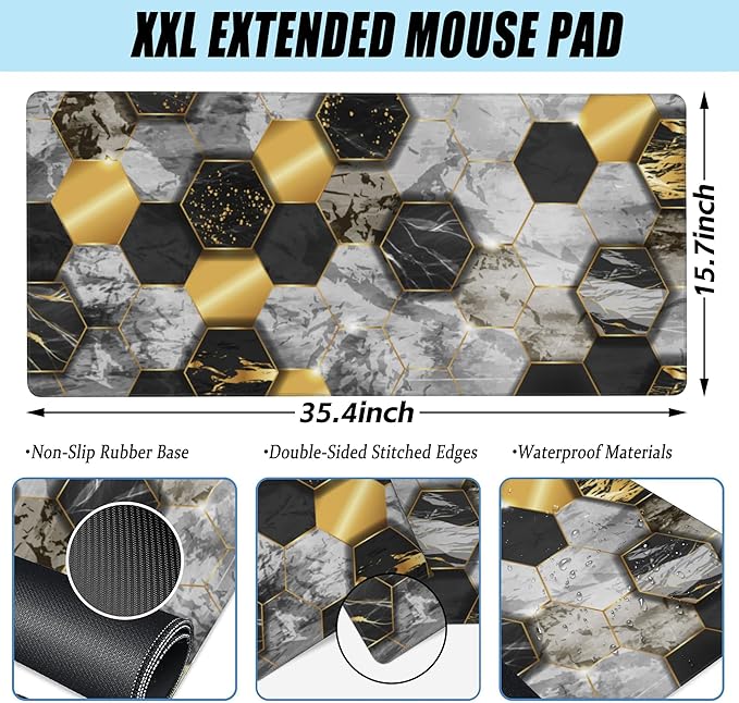 Desk Pad, Black Golden Honeycomb Marble Hexagon Extended Large Gaming Mouse Pad for Desk XXL, Large Desk Mat for Desktop with Non-Slip Rubber Base Stitched Edges for Home Office Desk 35.4"X15.7"
