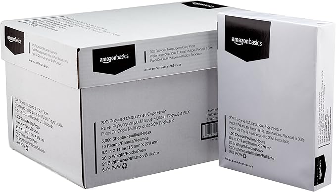 Amazon Basics 30% Recycled Multipurpose Copy Printer Paper, 8.5 x 11 Inches , 20 lb, Pallet, 400 Reams (200,000 Sheets), 92 Bright, White