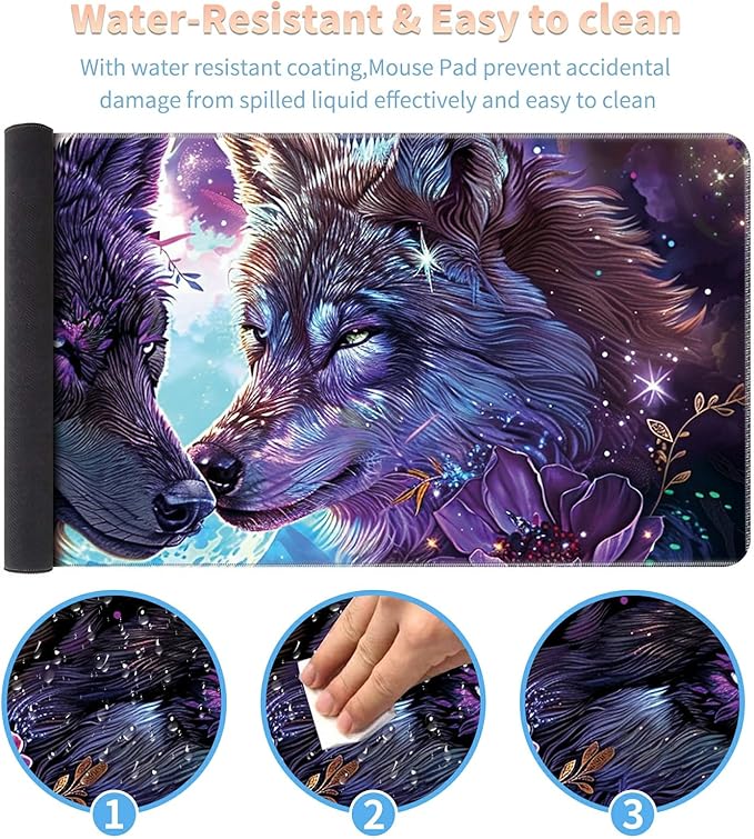Desk Mat Large Gaming Mouse Pad (31.5x11.8 inch) with Stitched Edges, XL Mouse Pad +Coaster, Extended Mouse Mat Keybroad Mousepad Non-Slip Rubber for Gamer Men Women, Purple Magic Wolfs