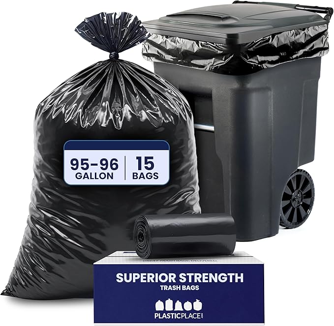 Plasticplace 95-96 Gallon Heavy Duty Black Trash Bags - Contractor Grade, Extra Large Garbage Bags for Construction & Outdoor Trash Cans, 1.2 Mil Thick, 61” x 68” (15 Count Roll)