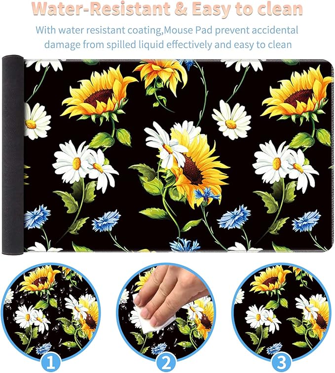 Large Gaming Mouse Pad with Stitched Edges, Desk Pad Protector, Computer Keyboard Mouse Mat Non-Slip Cute Desk Decor for Home/Office/Study Accessories+ Coaster, Sunflowers Daisy