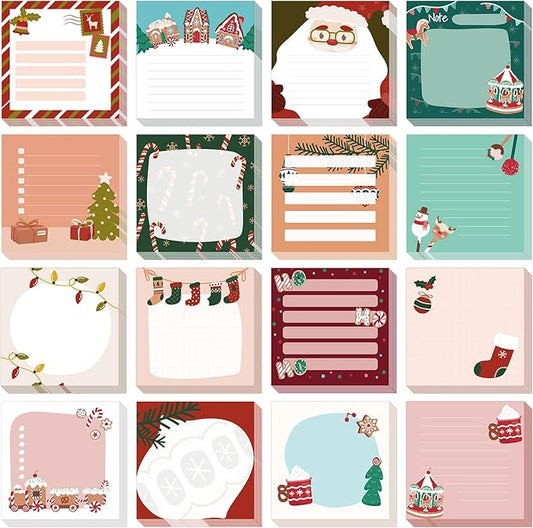 16 Pcs Christmas Sticky Note Pads with Santa Claus，Candy，Socks, Work-Study Notes, 480 Pieces of Self-Adhesive Removable Memo Pads 16 Styles, 30 Sheets Each for Labels, Lists