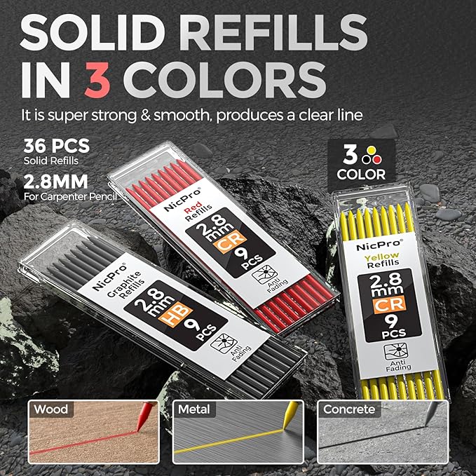 Nicpro 2 Pack Carpenter Pencils with Sharpener, CP3000 Mechanical Carpenter Pencils with 38 Refills, Heavy Duty Construction Pencil, Woodworking Tools for Architect Marking (Black, Red) - With Case