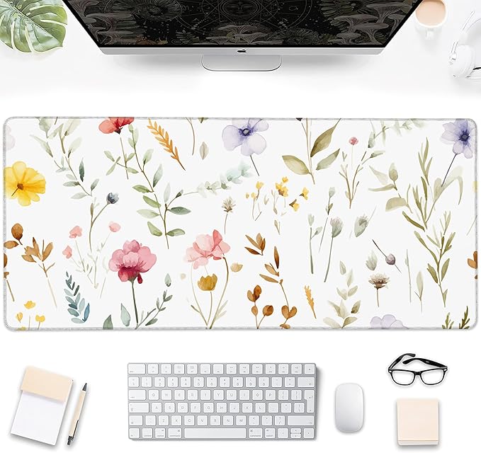 Gaming Mouse Pad, Watercolor Floral Wildflowers Large Desk Mat for Keyboard and Mouse,Non-Slip Rubber Base and Stitched Edges Desk Pad for Home Office 35.4x15.7in