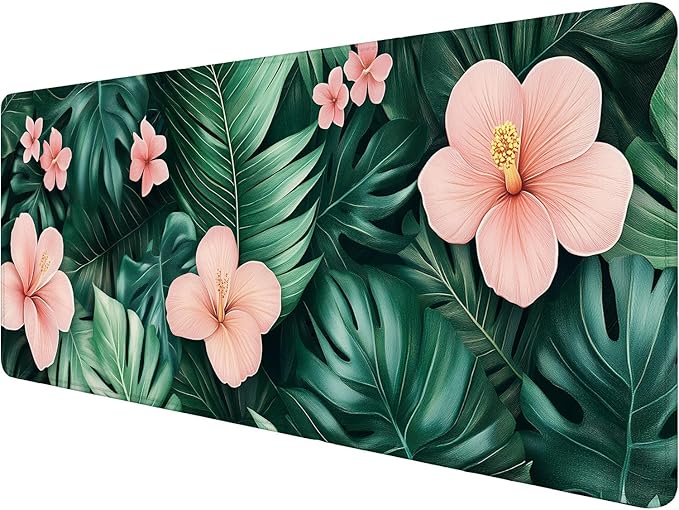 Tropical Leaves Gaming Mouse Pad Desk Pad Flowers Ferns Nature Green Pink Mouse Pad Mousepad Extended Laptop Keyboard Mat Gaming Desk Pad Mouse Mat Office Computer Keyboard Laptop Home 31.5"x11.8"