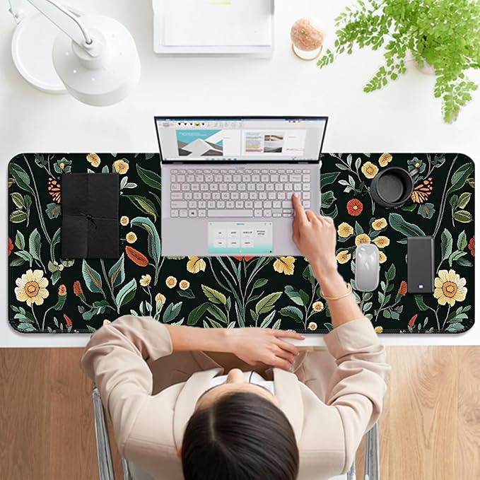 Floral Gaming Desk Mat, Computer Keyboard Large Extended Long Flower Plants Mouse Pad for Office and Home, XL (W19)