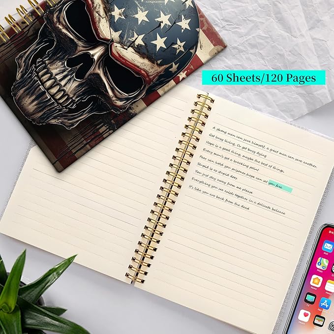 Spiral Notebook Journal for Women Men, A5 Hardcover Journal, 120 Pages Thick Paper, College Ruled Writing Notebook for School, Work & Office 8.3'' × 5.9''(Skull American Flag)