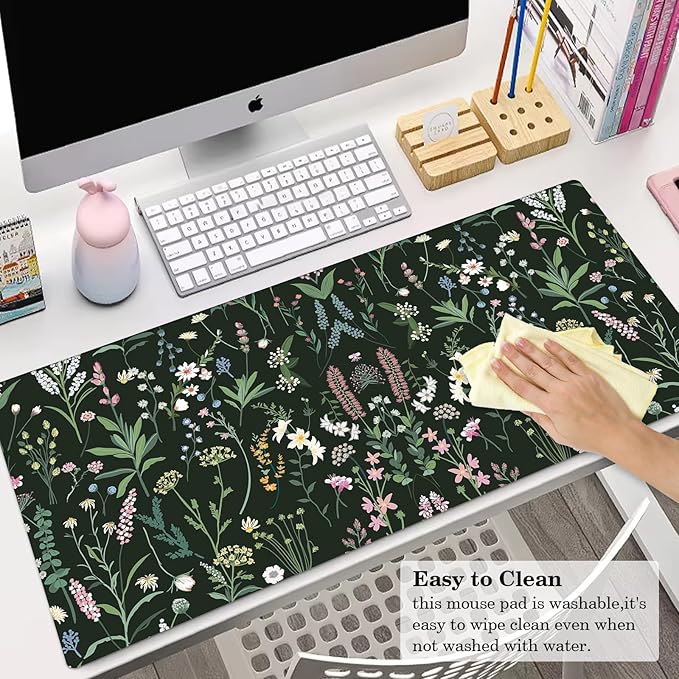 Wildflowers Desk Pad Protector, Stitched Edges Mouse Pad, Large Office Mat, Non-Slip Desk Blotter, Flower Laptop Pad, Floral Writing Pad for Office and Home (31.5" x 15.7")
