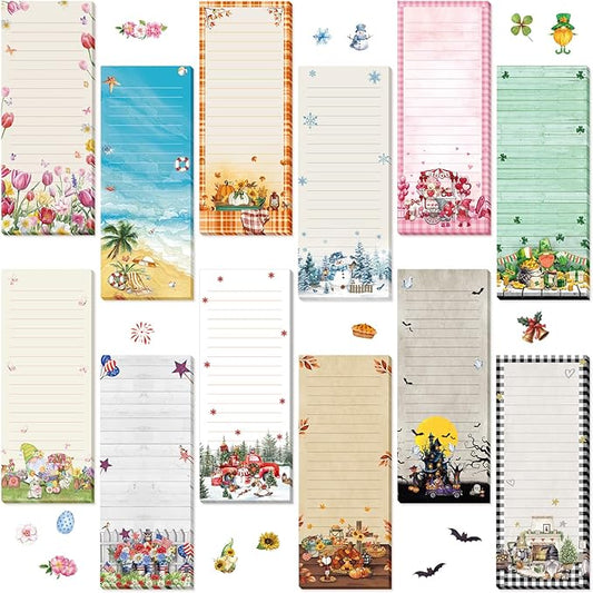 Eaasty 12 Pcs Seasonal Magnetic Notepads for Refrigerator Monthly Magnetic Grocery List 9 x 3.5 Magnet Memo Pads 30 Sheet Per Pad Shopping to Do List for January to December(Picture Style)