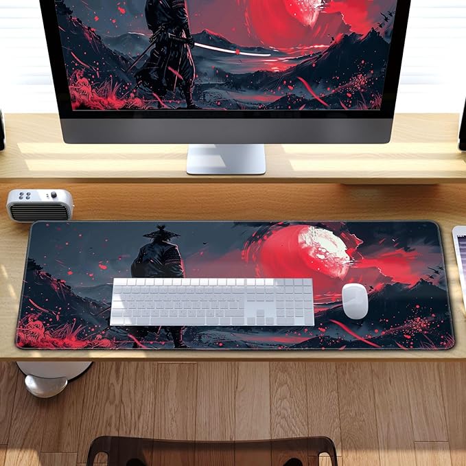 Black Desk Mat Japanese Samurai Mouse Pad XL Red Anime Big Mousepad Gaming Large Mouse Pad for Men Desk Pad with Stitched Edges Non-Slip Large Computer Mat, 31.5x11.8 in
