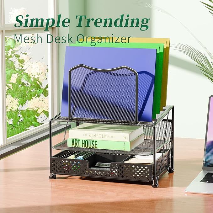 Simple Trending Mesh Desk Organizer with Sliding Drawer, Double Tray with 5 Sections File Bookshelf, Black