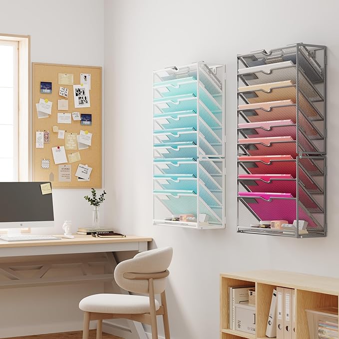 Lavatino 10-Tier Hanging Wall File Folders Organizer - Silver Metal Mesh Paper Magazine Document Mail Holder File Organizer for Office School Home Wall Mount or Desk Supplies Organization