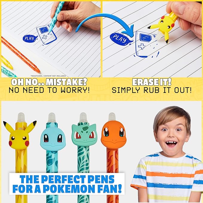 Pokemon Erasable Pens Set of 4 School Supplies Smooth Writing Retractable Pikachu Blue Gel Pens Ballpoint for Drawing Doodling Journaling Kawaii Anime Gifts