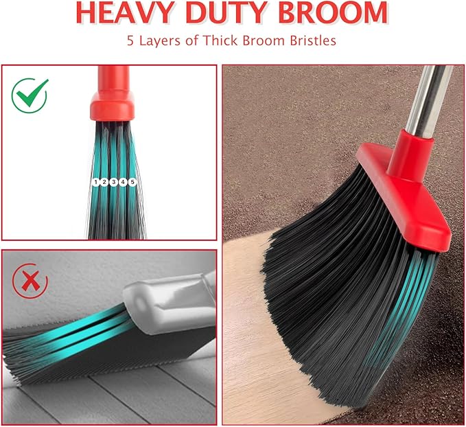 XXFLOWER Broom and Dustpan Set with Long Handle, Heavy Dust Broom and Dustpan Combo for Home，Kitchen, Office, Pet Hair 2PCS (Black Red)