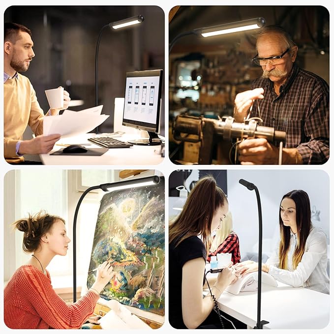 MYPLUS LED Desk Lamp with Hand Wave Sensor, 5 Color Temperatures 2700K-6500K, Touchless Dimming, 360° Adjustable Gooseneck, Clamp Table Lamp, 110V