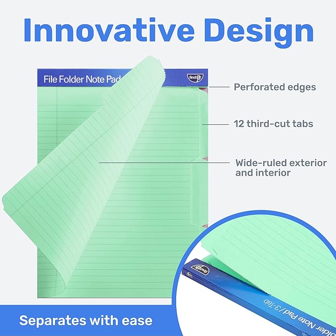 Find It File Folder Notepad - Pack of 12-9.5 x 12.5 Inch Notebook Organizer Folders for Filing, Document, and Clipboard Organization - Green