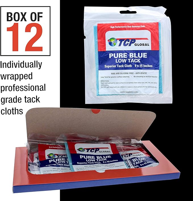 TCP Global Pure Blue Low Tack Superior Tack Cloth, 12-Pack, Automotive & Woodworking, Dust/Stain/Paint Rags, Tac Cloth for Autobody