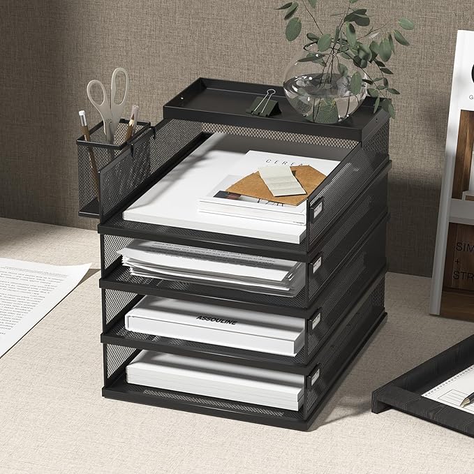Stackable Letter Trays, 4 Tier Metal Paper Tray & Desk Organizer, Stackable File Trays for Office & Home, Multi-Functional Document Tray with Fine Grid Design & Magnetic Labels,Black