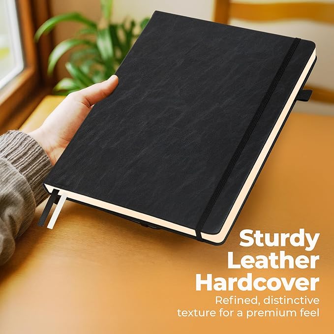 Classic Lined Journal Notebook 8.5x11" A4 Hardcover Leather - Black - 200 Pages College Ruled Large with Sticky Tabs, Pockets, and Pen Loop for Writing and Journaling - Big Hardback Men and Women