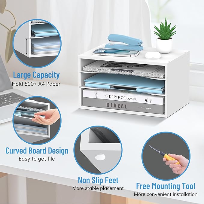 Wood Desk Organizer, 3 Tier Paper Tray Organizer for Desk with Adjustable Storage Shelves, Desktop Paper Sorter Mail Holder for Office Home Classroom, White