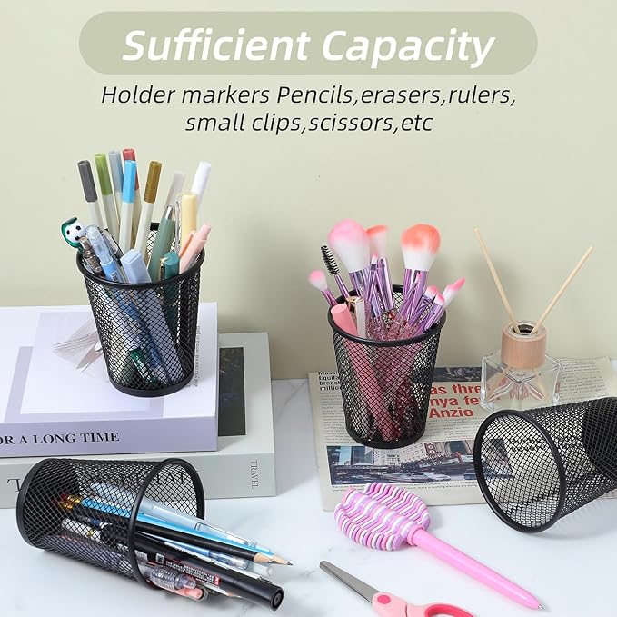 15Pcs Pen Holder for Desk, Black Mesh Pencil Cup Holder for Desk, Round Mesh Pen Holders, Makeup Brush Holders Pens Cup Bulks for Home & Office