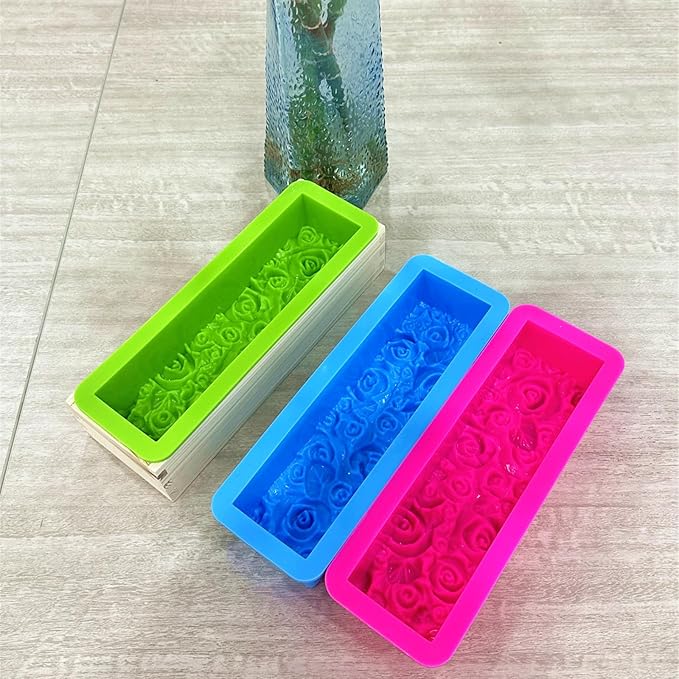 Flexible Rectangular Rose Soap Silicone Mold Flowers Craft Art Silicone Soap Mold Wood Box for Soap Making Supplies (Blue)