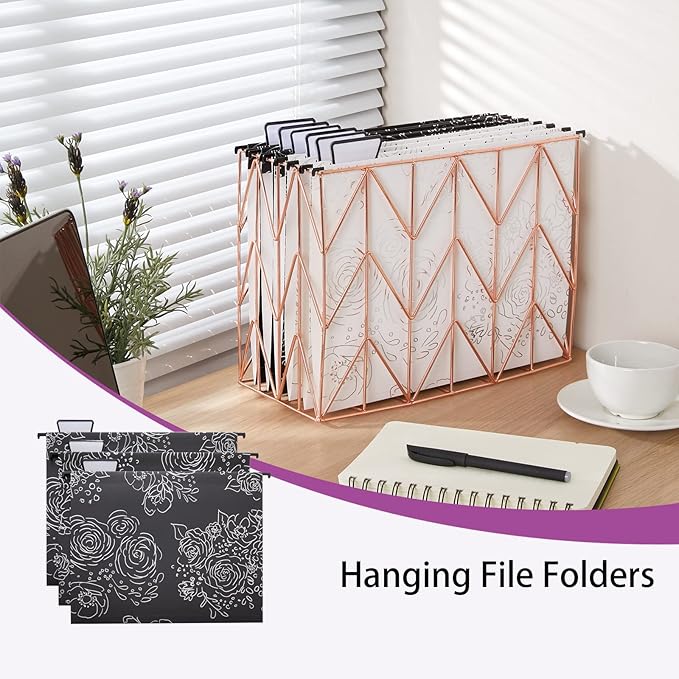 6 Pack Hanging File Folders Filing Cabinet Organizer Letter Size 1/5 Cut Adjustable Tabs Decorative for Home Office School Classroom, Gilding 9.3” x 12.8