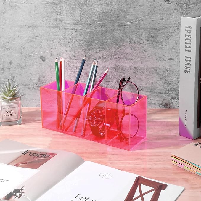 Pen Holder for Desk Neon Acrylic Pencil Holder Cup Makeup Brush Storage Organizer for Vanity, Neon Pink