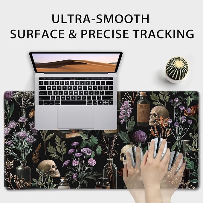 Large Gaming Mouse Pad 31.5x15.7 Inch, XXL Mousepad with Non-Slip Rubber Base & Stitched Edges, Extended Desk Mat for Computer/Laptop/Office/Home Goth Floral Black Mystical