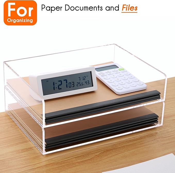 Paper Organizer for Desk,2 Tier Stackable Paper File Holder Tray,A4 Size Acrylic Desk Organizer Letter Tray,Desk Organizer/Accessories for Office Home School Organization-Clear