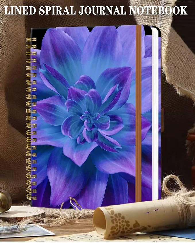 Spiral Journal Notebook for Women, Hardcover A5 College Ruled Notebook, 120 Pages, Thick Paper, Cute Lined Journal for School, Office & Work, 6 x 8.4 in(Purple Blue Dahlia Flower)