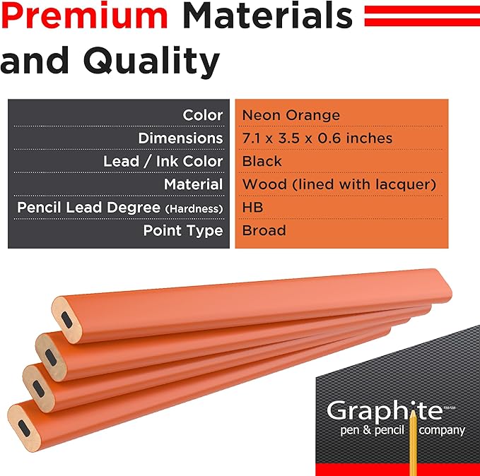 GRAPHITE Hard Lead Carpenter Pencils Bulk - (1) Pack of 12 Pieces Lumber Wooden Pencil #2 (HB) - Neon Orange