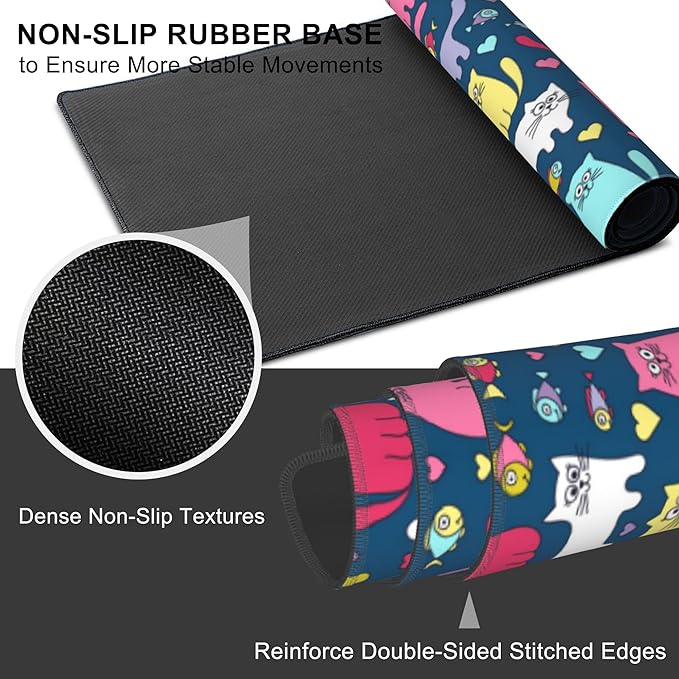Mouse Pad, Large Cartoon Cats and Fish Desk Mat, Extended Non-Slip Gaming Keyboard Mousepad Desk Pad, Thick Stitched Edges Waterproof Mouse Mat 31.5"x15.7" (Funny Doodle Kittens)