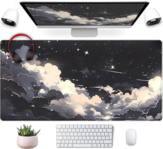Black Anime Cloud Desk Mat XXL Large Gaming Mouse Pad Computer Laptop Mat, Extended Non-Slip Rubber Base Mousepad Keyboard and Mouse Mat, Night Sky Desk Pad with Stitched Edges, 31.5x15.75 in