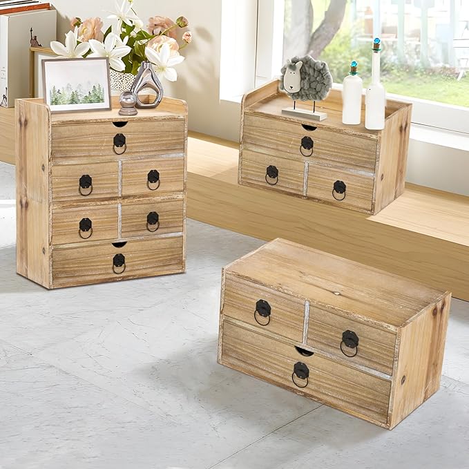 Washed White Wood Desk Organizer, Mini Desktop Organizer with Drawers, Tabletop Storage Organization for Home Office Supplies Vanity, No Assembly Required (3 Drawer)