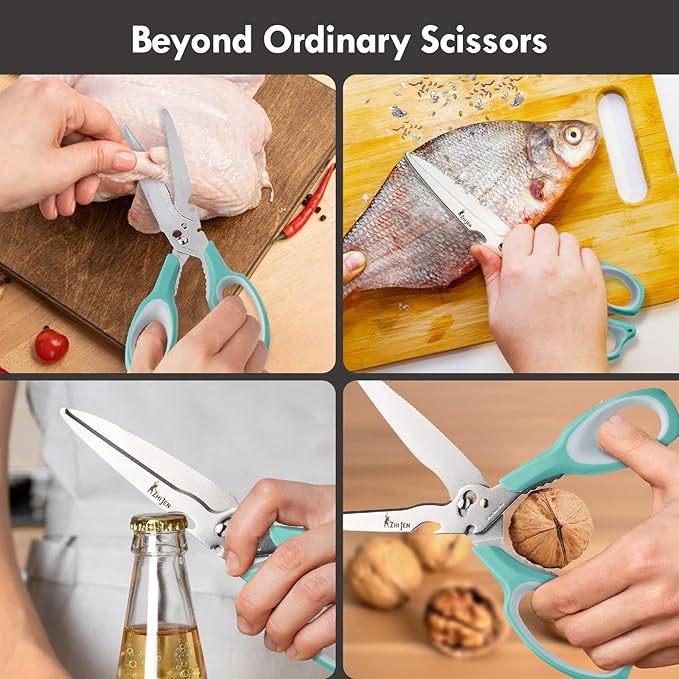 All Purpose Kitchen Scissors for Food and Heavy-Duty, Stainless Steel Cooking Shears for Chicken, Poultry, Meat, Herbs, Fish, Bones, Multi-Purpose Cooking Accessories with Cap and Sharpener