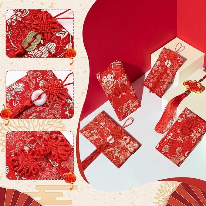 13PCS Silk Red Envelope Chinese Red Pocket Lucky Money Hong Bao Card Envelope for Spring Festival Wedding New Year Birthday,13 Styles with Chinese Knot Jade Pendant Copper Coin