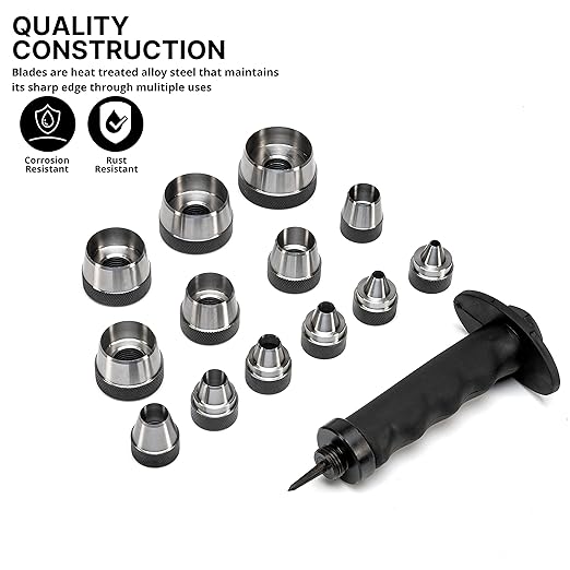 NEIKO 02604A Hole Punch Set | SAE & Metric, 3/16” – 1-3/8” & 5 – 35mm | 14 Piece Sharp Hollow Hole Punch Kit, Gasket Cutting Puncher, Foam Cutter, & Leather Hole Punches | 6” Interchangeable