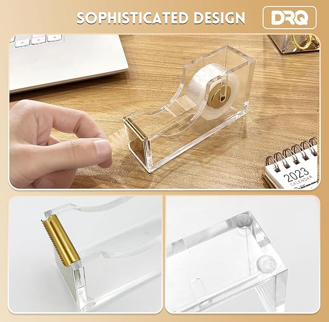 DRQ Gold Desk Accessories, Office Supplies Acrylic Stapler Set, 10Pcs Set for Office with Stapler, Tape Dispenser, Pens, Pen Holder, Phone Holder, Tape, Ruler, 1 Box Staple, Scissors and 1 Box of Clip