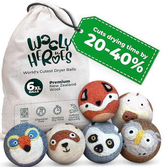 No More Dryer Sheets! Reusable Wool Dryer Balls XL 6-Pack - Reduces Static, Cuts Dry Time, & Softens Naturally