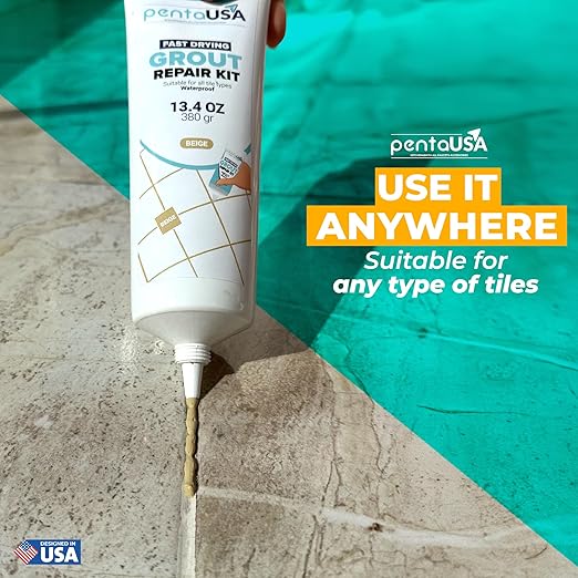 PentaUSA Tile Grout - Large Grout Filler Repairs Renews Tube, Fast Drying Grout Repair Kit, Odorless Formula - Grout Floater Included - 13.4oz / 380gr (Beige)