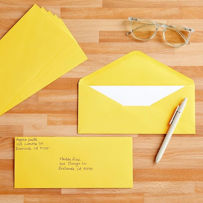 Business Envelopes - 200 Pack 10 Yellow Envelopes, Gummed Seal, 9.5 x 4.13 in - Colored Mailers for Invitations & Business Mailing - Bulk Stationery for Checks & Greeting Cards