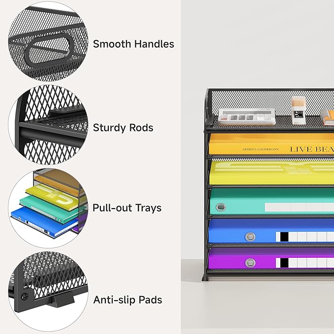 6 Tier Paper Organizer with Handle, Metal Desk Organizer Mesh Paper Letter Tray Desktop File Folder Document Sorter for Classroom, School, Office Accessories Organization and Storage - Black