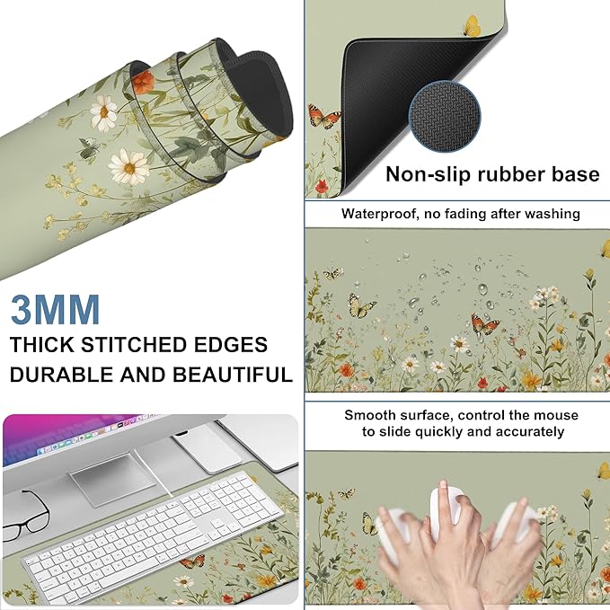 Large Mouse Pad Wildflowers Gaming Desk Pad Computer Keyboard Non-Slip Waterproof Mouse Mat with Rubber Base and Stitched Edges Entertainment Office Writing Desk Mat 35.4 x 15.7 Inches
