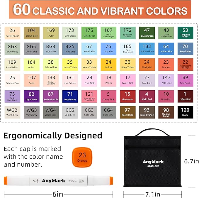 AnyMark Alcohol Markers, 60 Colors Dual Tip Art Coloring Markers Set for Kids Adult Book Drawing Sketching Painting, Chisel & Fine, White Penholder