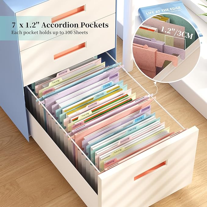 3 Packs Wheat Straw Expanding Hanging File Folders, 7 Accordion Pockets with 1.2'' Expandable File Organizer, Multi-Color Tabs, Letter Size for Filing Cabinet - 3 Packs (Assorted Colors)